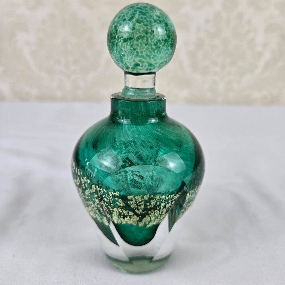 Vintage Regalo Green & Gold Art Glass Perfume Bottle Three Sided Design